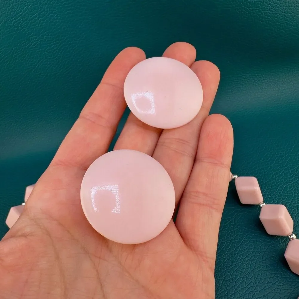 Vintage Necklace Clip Earrings Set Light Pink Acrylic Cube Bead Silver Tone 17.5